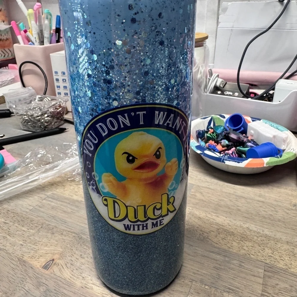 Duck With Me Blue Glitter Handmade Tumbler 20oz Stainless Steel NEW